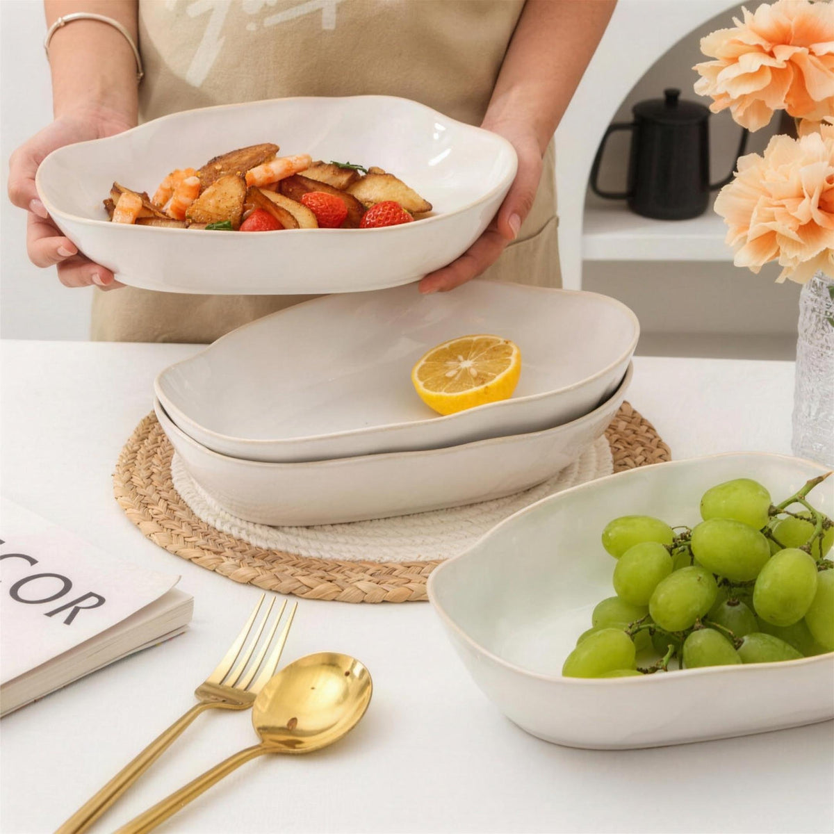 Lot de 4 plats ovales creux - blanc