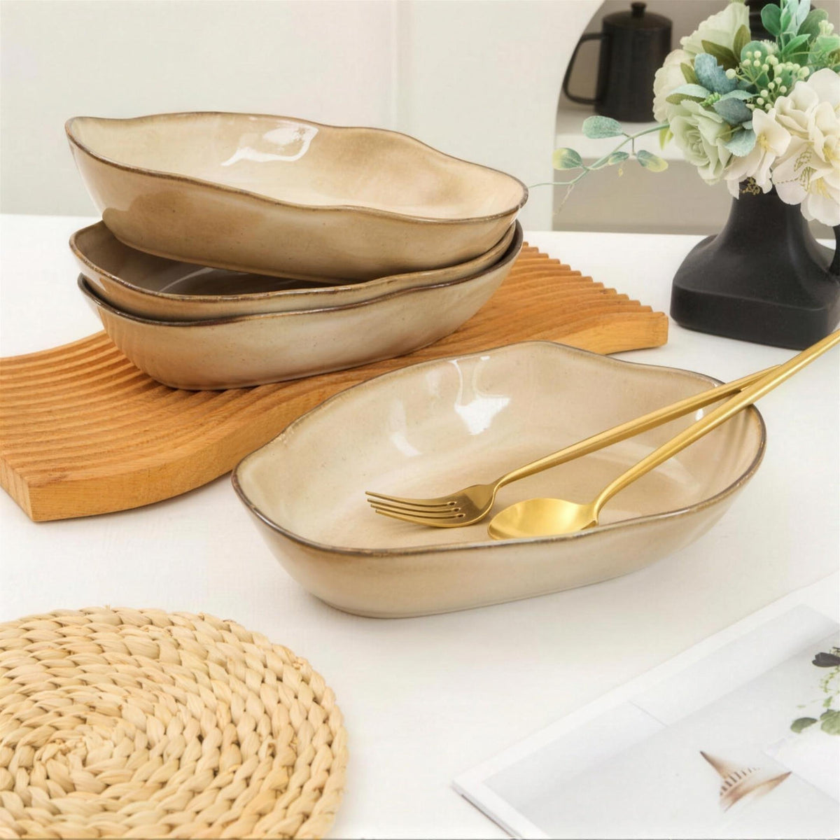 Lot de 4 plats ovales creux - beige