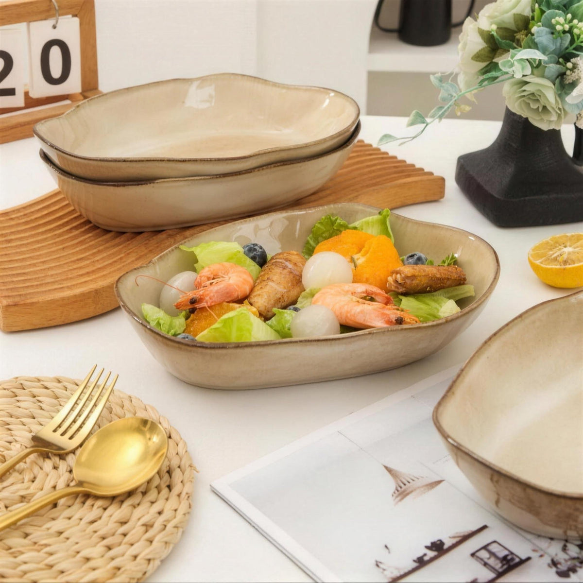 Lot de 4 plats ovales creux - beige