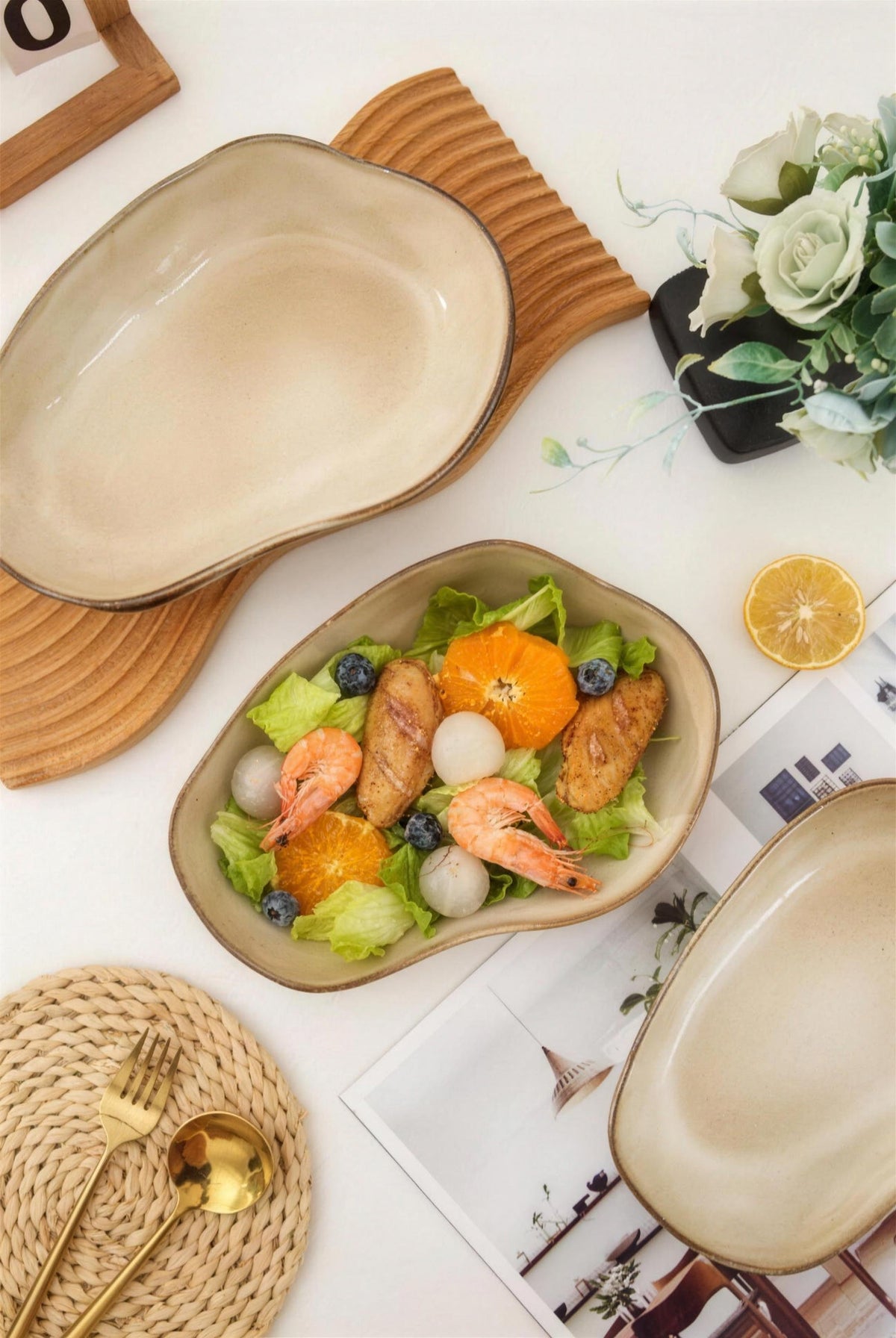 Lot de 4 plats ovales creux - beige